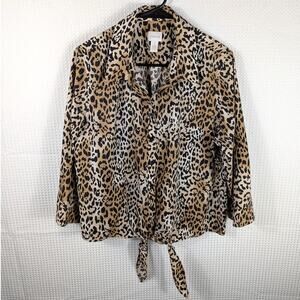 Chico’s Women’s 2 L Leopard Print Cotton Button Front Tie Hem Shirt Blouse